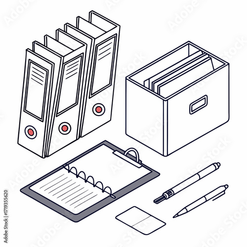 Illustration of ring binders, box, clipboard, pens and card, ideal for illustrating articles or presentations on file management and office supplies