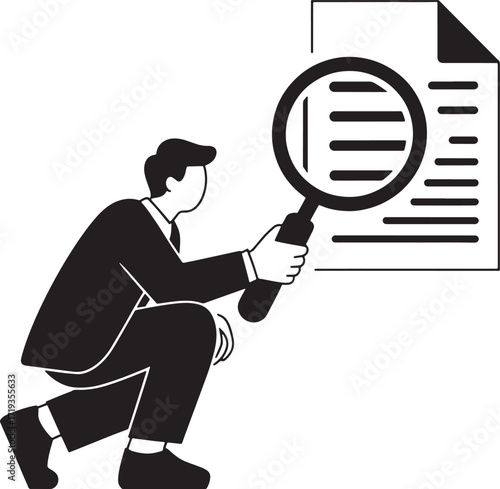 Document Review Illustration Showing a Person Analyzing Information with a Magnifying Glass