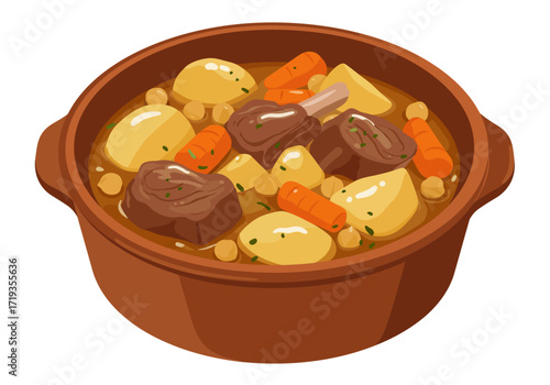 Illustrated stew in a brown ceramic pot featuring beef carrots and potatoes