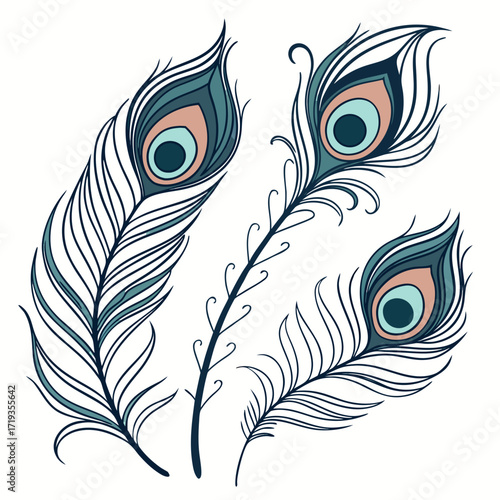 Illustration of three peacock feathers, showcasing delicate details and soft pastel colors, creating a visually appealing and elegant design element