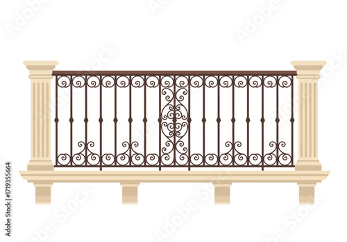 Intricate railing with decorative metalwork and stone pillars