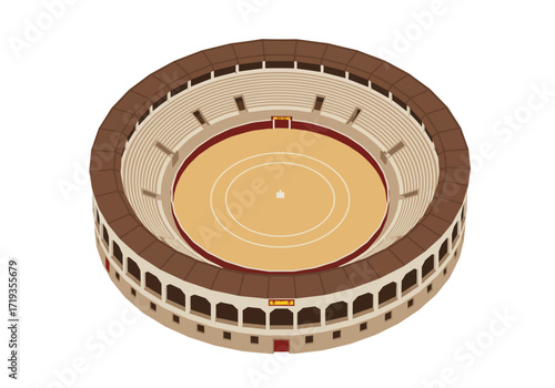 Isometric view of a bullring Features sand arena tiered seating arched perimeter and brown beige and red color scheme