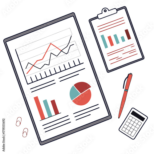 Vector art of a detailed illustration of business reports, charts, and graphs, accompanied by a pen and calculator, symbolizing data analysis and financial planning
