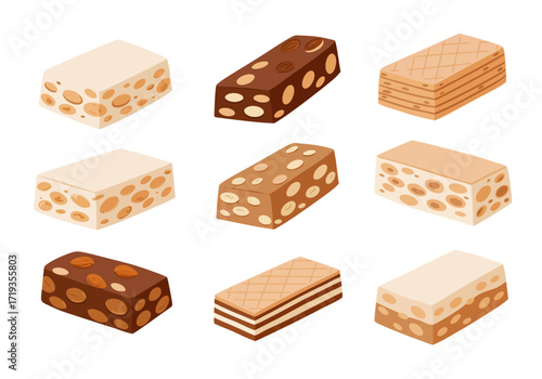 Nine isometric nougat and wafer candies on a white background