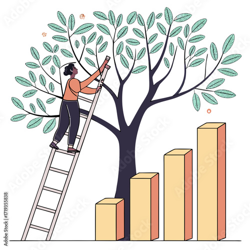 Vector art of a woman on a ladder pruning a tree with coins growing on it, next to a bar graph showing growth, symbolizing financial growth and investment