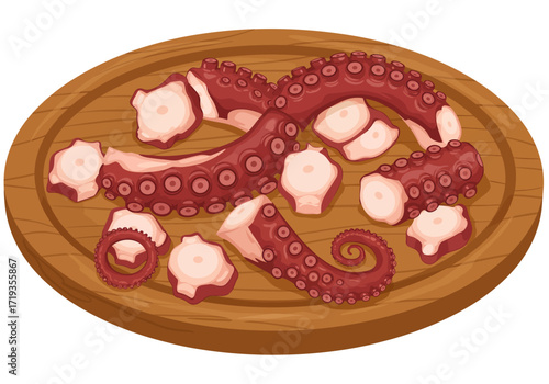 Octopus tentacles sliced and served on a wooden platter