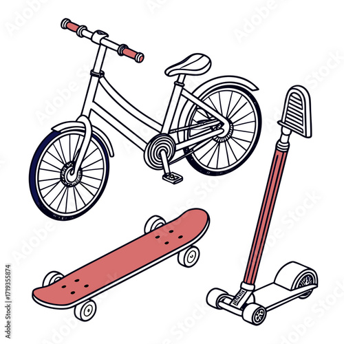 Vector art of bike, skateboard, and scooter illustration a playful and vibrant image showcasing a bicycle, skateboard, and scooter, perfect for childrens designs
