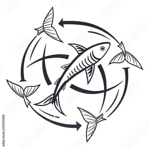 Vector art of circular design featuring a shark and stylized fish tails, creating a dynamic and eyecatching emblem with a nautical theme