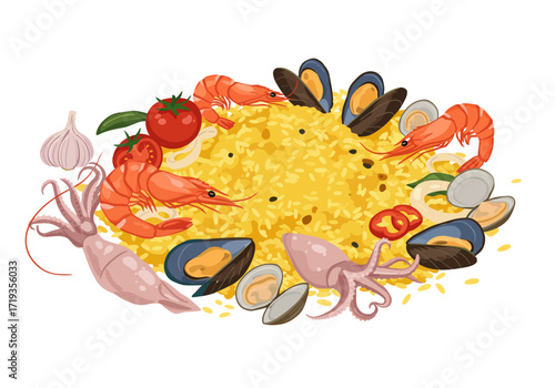 Paella illustration rice seafood tomato and garlic on a white background