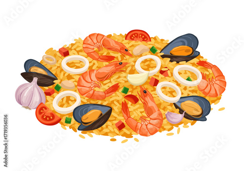 Paella dish with prawns mussels squid rings garlic tomatoes and rice