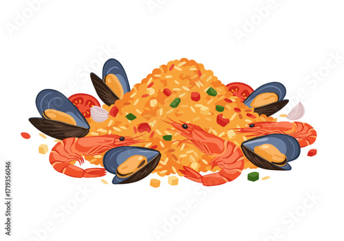Paella rice mound topped with shrimp mussels garlic tomatoes and green peppers