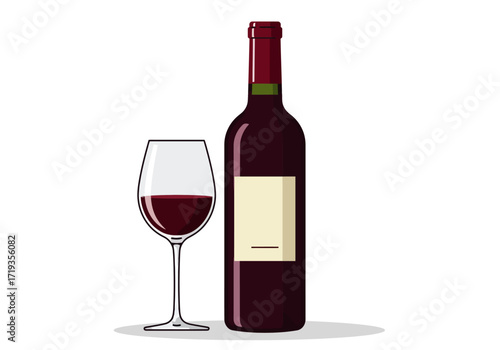 Red wine A wine bottle with a blank label sits next to a glass half full of red wine casting a shadow below them
