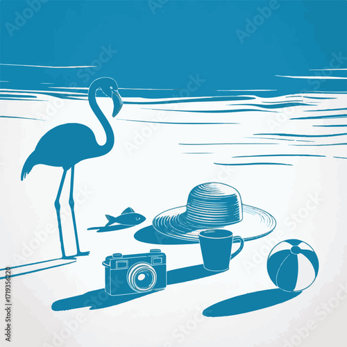 Minimalist Beach Scene with Flamingo