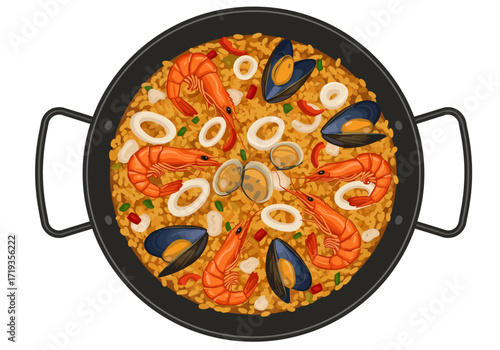 Seafood paella in a black pan with handles Rice shrimp mussels  squid rings are visible
