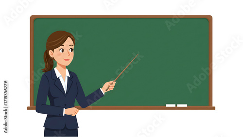 Illustration of Businesswoman Teacher with Pointer at Green Board – Transparent PNG
