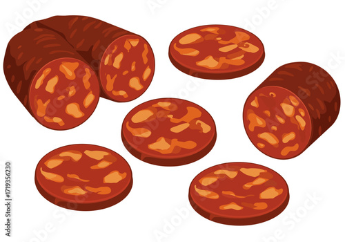 Salami sausage partially sliced arranged on a white background