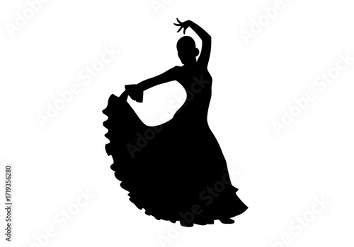 Silhouette of a woman dancing in a ruffled dress arm raised