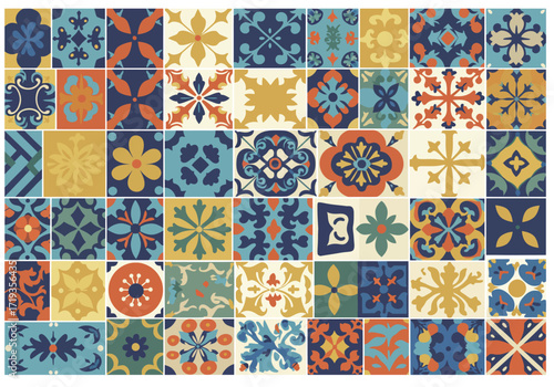 Square tile pattern various geometric floral designs in blue orange yellow