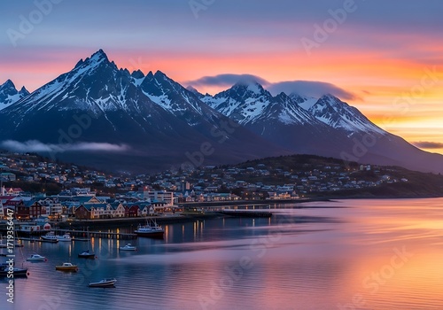 Ushuaia city and Snowy Mountains reflected on Beagle Channel at Sunrise