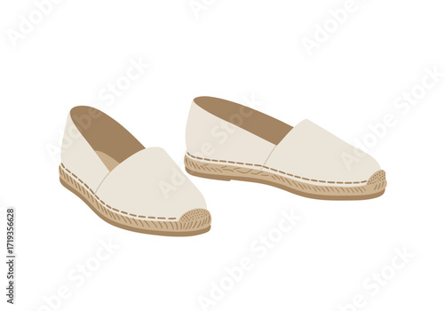 Two espadrille shoes are set side by side offwhite canvas uppers with jute soles