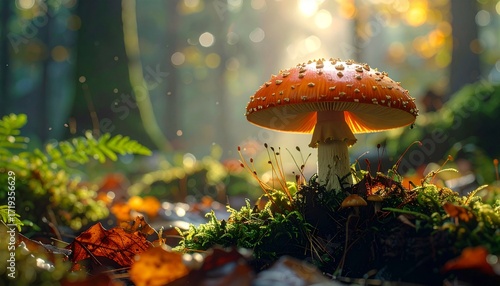 A magical red toadstool with white spots is illuminated by golden sun rays in a serene and enchanting autumnal forest