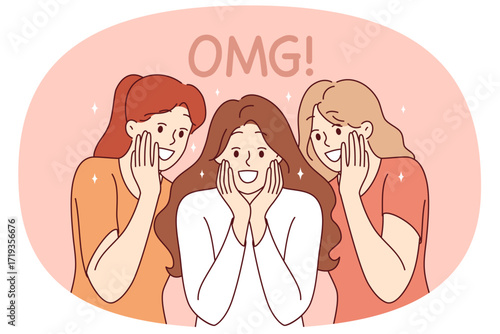 Enthusiastic girls shout OMG, seeing amazing commercial offer and big discounts on shopping. Word OMG near smiling women experiencing amazement and delight due to good coincidence of circumstances