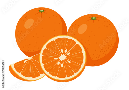 Two oranges and two orange slices form a fruit arrangement