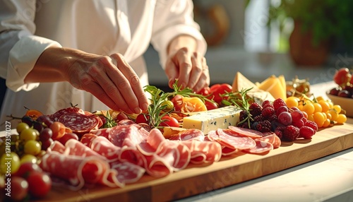 Meticulous hands arrange a gourmet charcuterie board, laden with premium cured meats, artisanal cheeses, fresh grapes, and vibrant tomatoes, crafting an exquisite appetizer