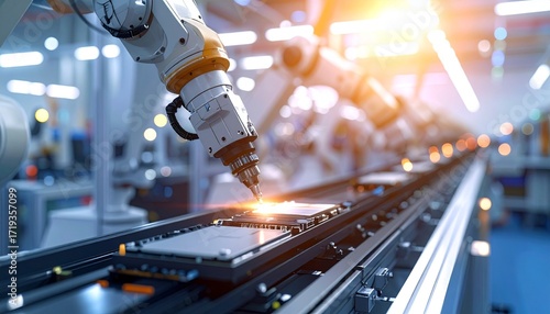 Cutting-edge robotic arms diligently assemble advanced electronic components on a high-tech production line, symbolizing future industry automation and smart manufacturing innovation
