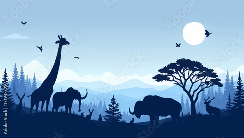 Flat vector of wild animal silhouettes in moonlit forest hills with trees and plants for World Animal Day October 4