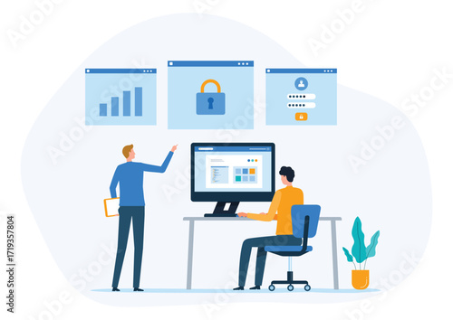 flat illustration design data security and system management. two business people working together at a computer 