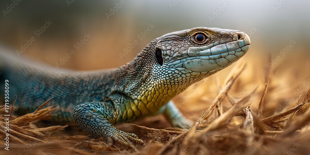 Fototapeta premium A green lizard is standing on a grassy field.