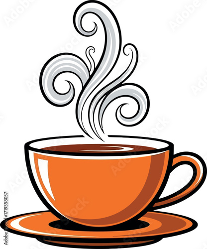  Vector art of a steaming cup of coffee in an orange cup and saucer