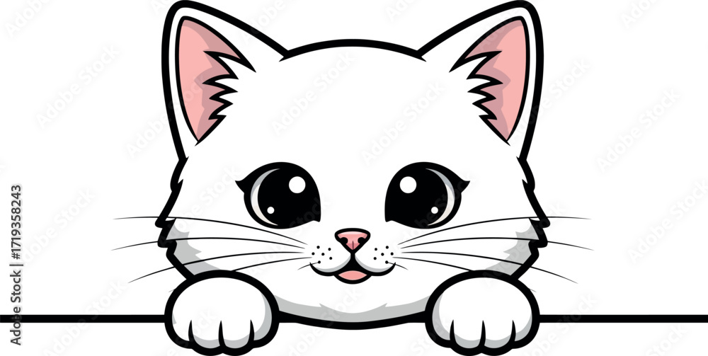 Obraz premium Vector art of cute cartoon white kitten peeking over a surface