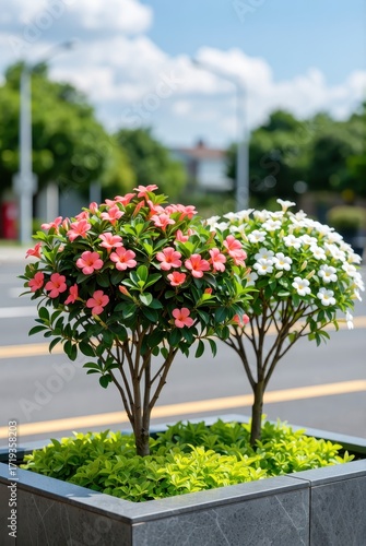Vibrant flower display urban street photography sunny day close-up nature's beauty