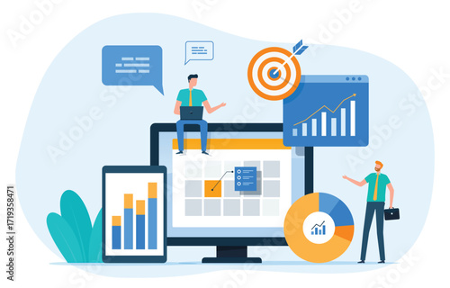 flat illustration design concept business marketing planning. people team working with online business schedule calendar moniter. 