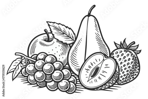 Vector illustration of a fresh fruit bunch with ripe grapes, healthy apples, and juicy berries on a leafy vine