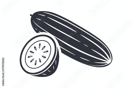 Minimalist of whole and sliced cucumber on a white background