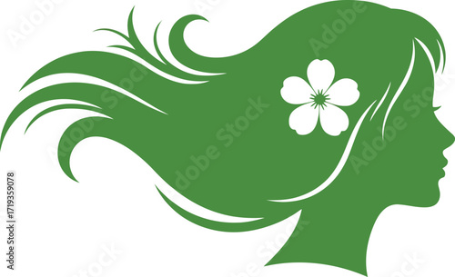  Vector art of green silhouette of a womans profile with long flowing hair and a flower