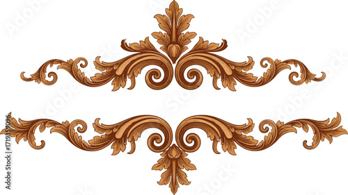 Vector art of ornate wooden carved decorative element with swirling acanthus leaves