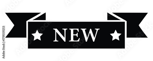 Vector art of black ribbon banner with the word new and stars