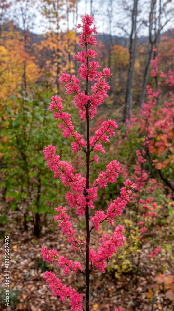 Naklejka premium Vibrant pink flowers in a forest setting during autumn.