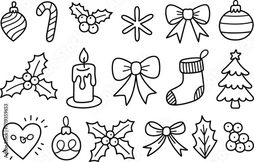 Christmas line art icons set, holiday symbols outline, festive decorations, black and white vector illustration, coloring page