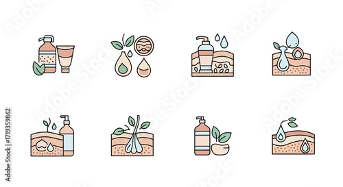 Natural Skincare Products and Ingredients Icons Set for Beauty and Wellness.