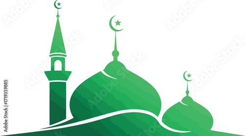 Vector art of green silhouette of a mosque with domes and a minaret, representing islamic architecture and faith