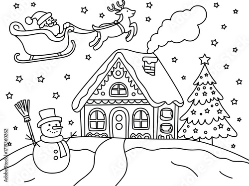 Gingerbread house winter scene, festive Christmas illustration, snowflakes, candy cane trees, holiday coloring page