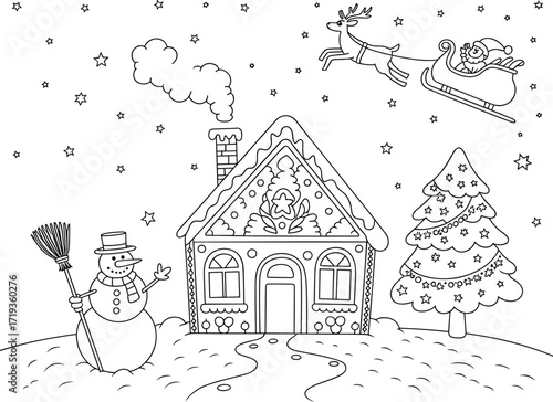Gingerbread house winter scene, festive Christmas illustration, snowflakes, candy cane trees, holiday coloring page