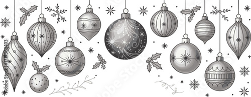 Hanging Christmas ornaments line art, festive holiday decorations, black and white outline, vector illustration, coloring page