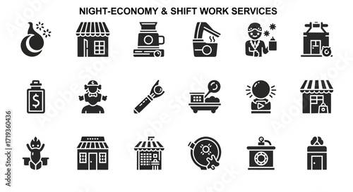 Night Economy and Shift Work Services Icons.