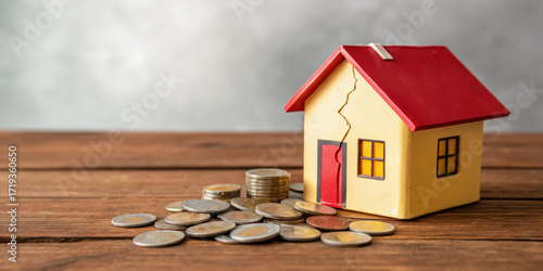 Cracked house model and coins on table symbolize real estate market problems. crisis shows recession and financial trouble for home investment and property mortgage